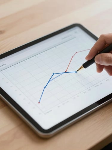 A close-up of a professional analyzing clean psychometric charts on a tablet, soft natural daylight, minimalist wooden desk background, high contrast.