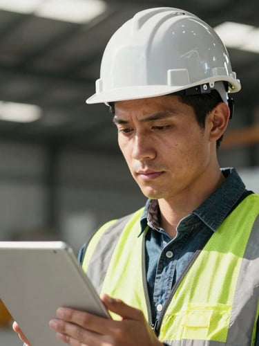 A close-up shot of a Colombian industrial engineer in a hard hat looking thoughtfully at a tablet, natural sunlight, high contrast, background of a modern logistics hub.