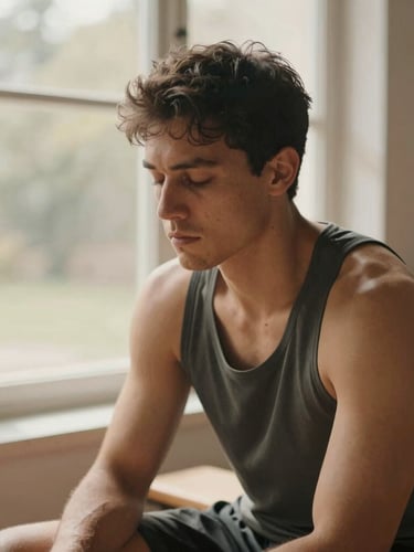 Medium close-up of a focused athlete sitting on a bench, eyes closed, preparing mentally under warm natural window light, soft muted earth tones, shallow depth of field, 35mm