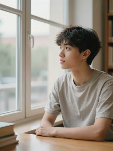 Candid environmental portrait of a young student sitting by a large window in a warm European library, soft natural light, reflective expression, shallow depth of field, 35mm