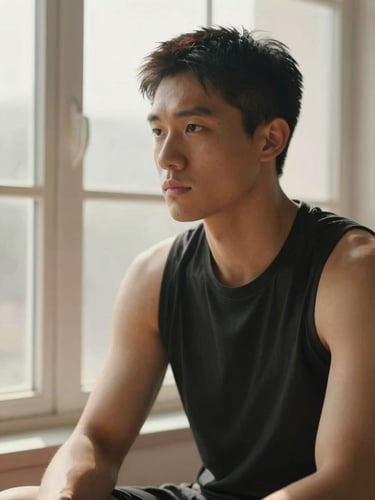 Portrait of a focused professional athlete in a moment of mental preparation, warm natural window light, soft shadows, 35mm