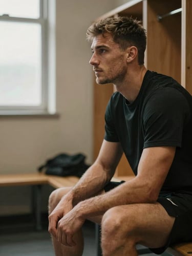 Focused professional athlete sitting on a bench in a dimly lit locker room, warm light catching their profile, intense and calm mental preparation, shallow depth of field, 35mm