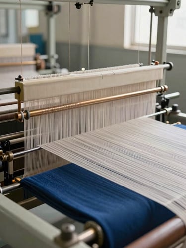 Industrial weaving loom in a clean, modern Tamil Nadu factory, soft side-lighting highlighting the intricate threads and mechanical precision, 35mm lens