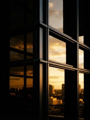 Macro architectural photograph of a sharp steel and glass facade reflecting golden hour light, high-contrast, deep black shadows, 35mm