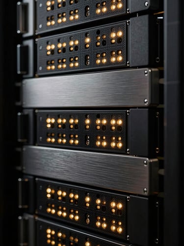 Macro photograph of high-end dark server rack architecture, sharp golden indicator lights reflecting on brushed steel panels, dramatic low-key lighting, 35mm.