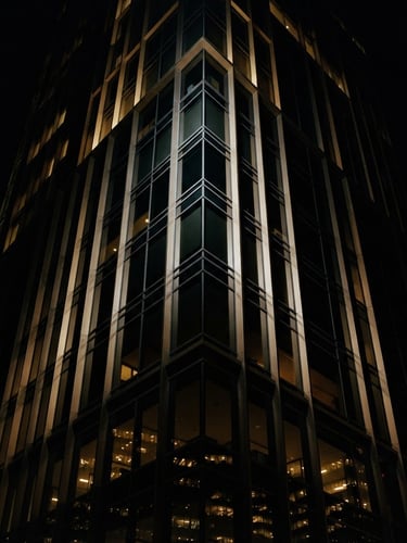 Sleek architectural close-up of modern steel and glass skyscraper corner, low-key dramatic lighting, sharp directional key lights, deep black and gold tones, 35mm