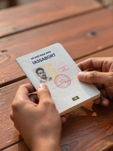 Intimate close-up of hands holding an Indian passport with a stamped visa over a rustic wooden desk, warm terracotta tones, soft golden-hour light, shallow depth of field.