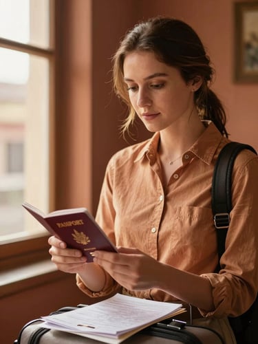 A warm editorial portrait of a travel coordinator reviewing a passport and travel documents under soft golden hour window light, 35mm.