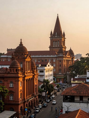 Wide panoramic streetscape of Kolkata at sunrise with warm golden light hitting historical buildings, editorial travel photography, 35mm.