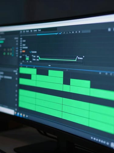 Macro shot of a glowing video editing timeline on a wide curved monitor, electric green render bars casting a cool neon glow on a dark workspace, shallow depth of field.