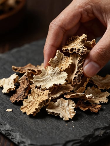 Hands handling raw agarwood chips and precious botanical resins on a dark stone surface, low-key dramatic lighting, warm champagne-gold highlights, macro lens