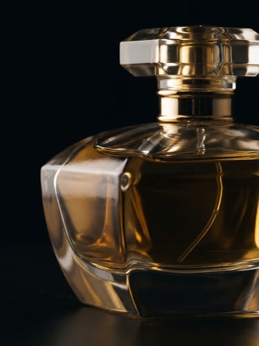 Macro close-up of a sleek glass perfume bottle with golden liquid, dramatic low-key side lighting, deep obsidian background, warm gold highlights, 35mm
