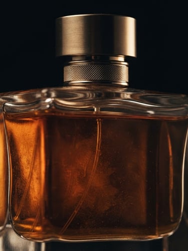 Macro close-up of a sleek glass perfume bottle with liquid amber textures inside, dramatic low-key side lighting, deep obsidian background, warm gold highlights, 35mm