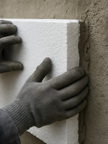 Close-up of gloved hands pressing an EPS insulation board flush against a concrete exterior wall, adhesive mortar visible at the edges, natural diffused daylight from the left, rough surface texture in sharp focus