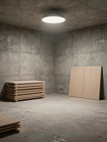 Wide environmental shot of an empty room mid-execution — bare concrete walls, isolation boards stacked against one side, a single work lamp casting soft diffused light from above, no people, materials in context showing the infrastructure phase
