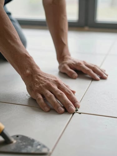 Tight close-up, hands pressing grout into tile joints on a freshly laid ceramic floor, north-facing daylight from a site window, fingers visible mid-motion against the pale tile surface, trowel resting at frame edge