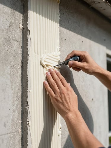 Close-up framing, natural north-facing daylight — hands applying a thick layer of exterior insulation adhesive to a facade board, adhesive ridges visible, raw concrete wall behind