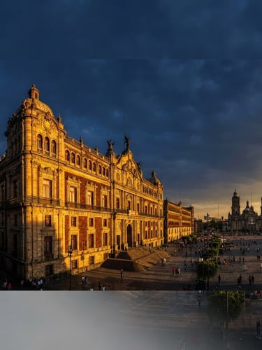 Wide panoramic view of the Suprema Corte de Justicia in Mexico City, dramatic high-contrast architectural lighting, deep shadows, sharp wide-angle lens, 35mm, deep navy and gold tones, subject off-center to the left.