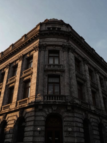 Low-angle view of the Suprema Corte de Justicia de la Nación building in Mexico City, dramatic architectural lines, strong shadows, overcast sky, no people.