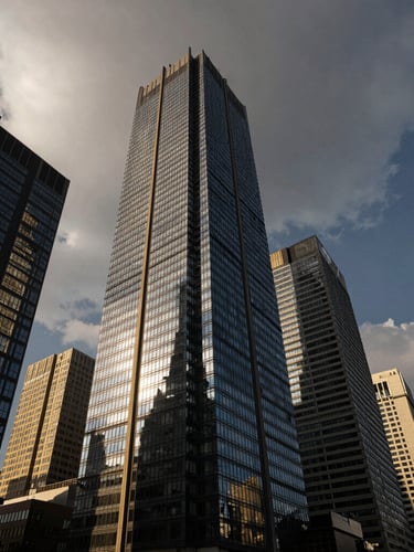 Wide panoramic view of modern corporate skyscrapers in Paseo de la Reforma, Mexico City, under dramatic overcast skies, sharp angles of glass and steel, low-angle perspective, high-contrast, deep shadows, 35mm.