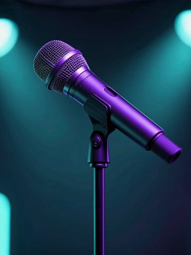 Low-angle dynamic shot of a sleek professional wireless microphone on a stand, illuminated by sharp electric violet and neon teal stage lights, dark atmospheric background.