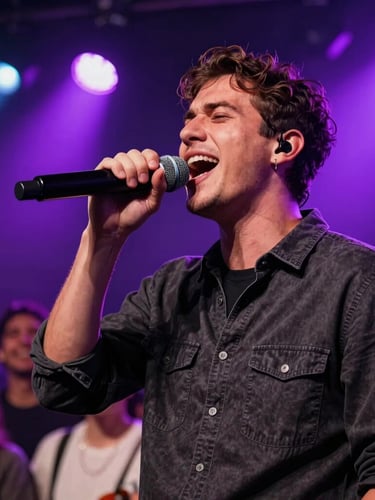Candid high-contrast shot of a performer singing passionately into a wireless microphone under vibrant neon purple spotlights, laughing crowd in the background, low-angle heroic framing, rich atmosphere.