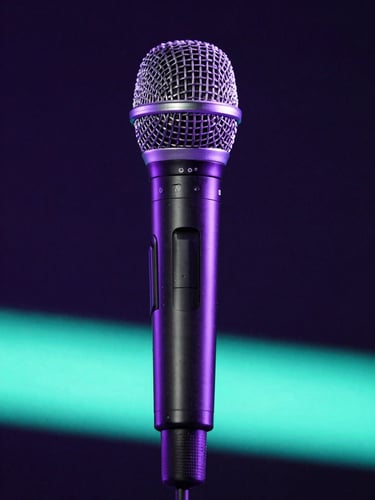 Close-up of a sleek professional wireless microphone, dark background with dramatic electric violet and neon teal backlighting, sharp focus, low-light event photography.