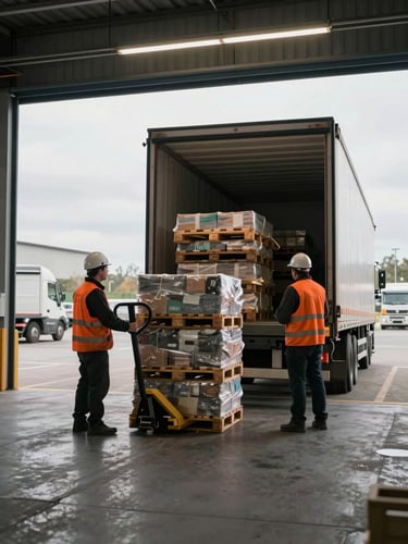 Close-up of a warehouse loading dock interior, a heavy truck trailer backed up to the bay, workers in orange vests unloading pallets with a pallet jack, documentary overcast European industrial light, no faces visible, strong sense of operational scale