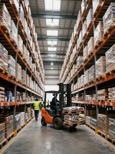 Wide panoramic warehouse interior, deep perspective down a tall-racked aisle, a forklift in motion mid-frame carrying pallets, workers in high-visibility vests visible in the distance, overcast European industrial daylight flooding from skylights above, documentary framing