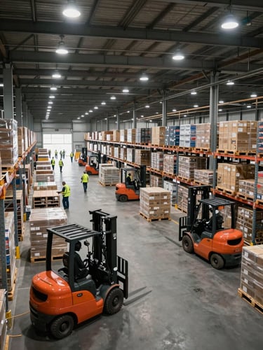 Wide panoramic view inside a large European logistics warehouse, forklifts moving loaded pallets in the mid-ground, workers in high-visibility vests at scale, industrial ceiling lights casting documentary overcast light, deep perspective showing warehouse depth and operational scale