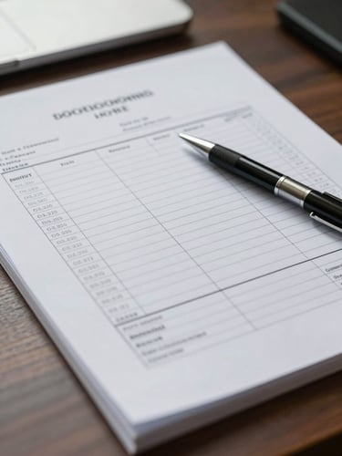 Close-up of logistics paperwork and a printed work schedule on a desk, pen resting on documents, overcast window light, no person visible, clean administrative detail