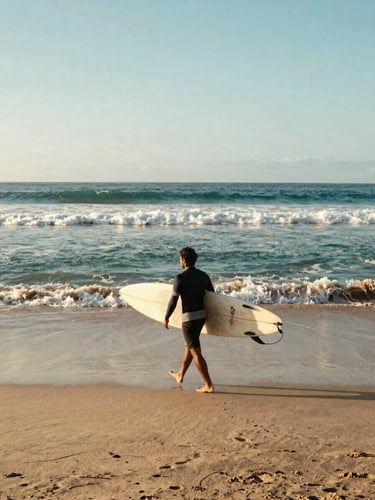 A professional surf instructor with a surfboard walking on Canggu beach during soft morning daylight, 35mm film style