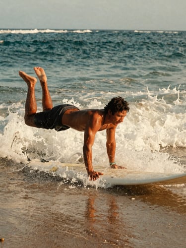 Close-up of a professional surf instructor demonstrating pop-up technique on a surfboard on the sandy beach of Bali, warm morning light, 35mm film style