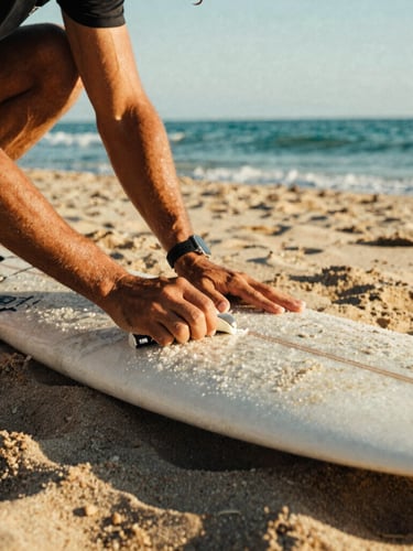 Close-up of a surf instructor's hands waxing a surfboard on warm sand, soft coastal daylight, rich ocean teals and sand tones, 35mm film style