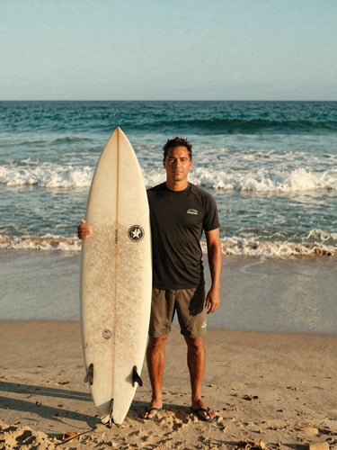 Portrait of a professional surf instructor standing on Canggu beach holding a surfboard, warm golden-hour morning light, ocean teal background, 35mm film style