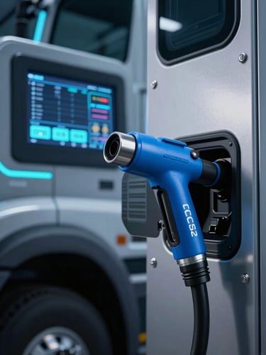 Close-up of a liquid-cooled CCS2 charging gun, connected to a heavy-duty electric truck, with the station's industrial user interface screen visible in the background displaying technical data. Cool metallic tones, sharp blue and cyan accents, dramatic architectural lighting, 50mm lens.