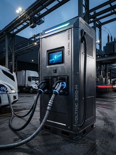 Low-angle heroic shot of a heavy-duty IP55-rated DC fast charging cabinet in a busy industrial fleet depot, liquid-cooled cables visible, sharp metallic reflections, cool blue and cyan accents, dramatic architectural lighting, crisp details.