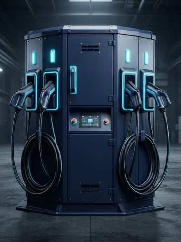 Technical CAD rendering of the flagship 4-gun charging cabinet, showcasing its robust industrial design, deep navy finish, and electric cyan accents. Sharp structural lines, high-contrast industrial lighting, 50mm.