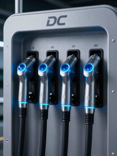 Close-up of the quad port layout on the 4-gun DC fast charger, showing four liquid-cooled charging guns neatly arranged. Industrial product photography, cool metallic tones, sharp blue and cyan accents, dramatic architectural lighting, crisp details, 50mm.