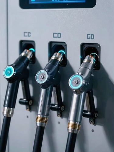 Close-up of a GridBuffer 3-gun DC fast charging station's triple port layout, showing heavy-duty liquid-cooled charging guns neatly coiled, with industrial metallic reflections and electric cyan accents, sharp focus on the connectors.
