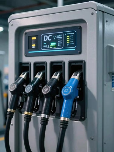 Close-up of a heavy-duty grid-buffered DC fast charging station in a commercial fleet depot, showing the robust industrial enclosure and multi-port liquid-cooled charging guns, focused on the integrated battery storage section, high-contrast cool lighting, sharp metallic details.