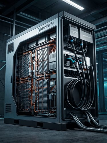 Technical CAD rendering of a GridBuffer 3-gun DC fast charging cabinet, showing internal battery storage racks and liquid-cooled cables, against a dark industrial background with electric cyan accents, sharp architectural lighting, low angle.