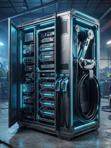 Technical CAD rendering of a 2-gun DC fast charging cabinet, showcasing internal battery storage modules and liquid-cooled cable management system. Industrial setting with sharp blue and cyan accents, high-contrast lighting, 50mm lens.