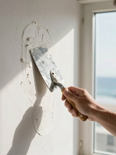 Close-up of a craftsman's hand applying white plaster to a wall with a trowel, bright natural Atlantic light coming from a window, high contrast, focus on texture