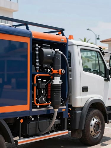 Close-up of a high-tech utility truck with hydro-jetting equipment, professional navy blue and orange details, parked on a clean Santos street near beachfront buildings, bright daylight.