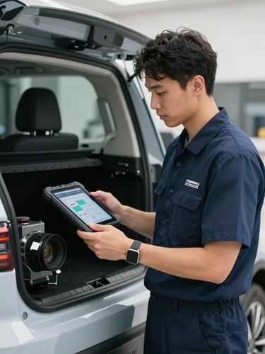 A professional technician in clean uniform holding a digital diagnostic tablet, standing next to a modern service vehicle, daylight Santos setting