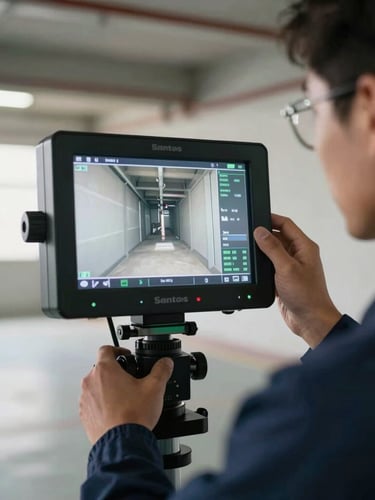 Close-up of a professional technician in a clean navy uniform adjusting a digital video inspection monitor showing a pipe interior, bright utility room lighting, sharp focus on the high-tech diagnostic equipment, Santos condominium garage setting.