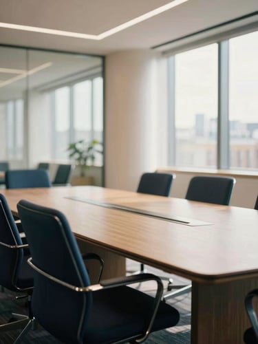 Wide environmental shot of a modern, sunlit London boardroom, architectural details of contemporary workspace, soft natural light, 35mm