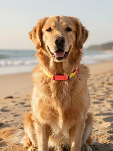 A beautiful golden retriever wearing a vibrant coral and yellow collar, sitting proudly on a sunlit beach during golden hour, editorial style.