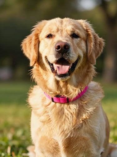 Dynamic portrait of a happy Golden Retriever wearing a vibrant fuchsia Biothane collar, bright golden-hour natural sunlight, shallow depth of field, outdoor park setting.